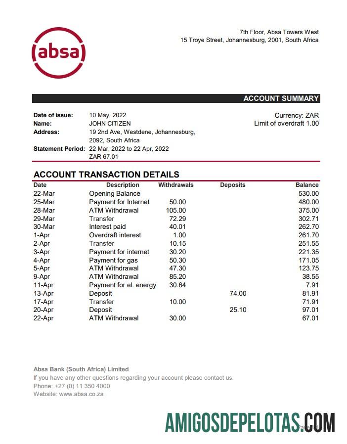 Extrato bancário ABSA da África do Sul modelo Xls